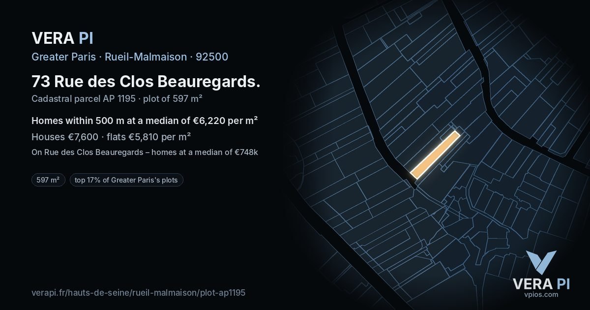 73 Rue des Clos Beauregards, Rueil-Malmaison at night – the plot lit, the parcels around coloured by the prices near them