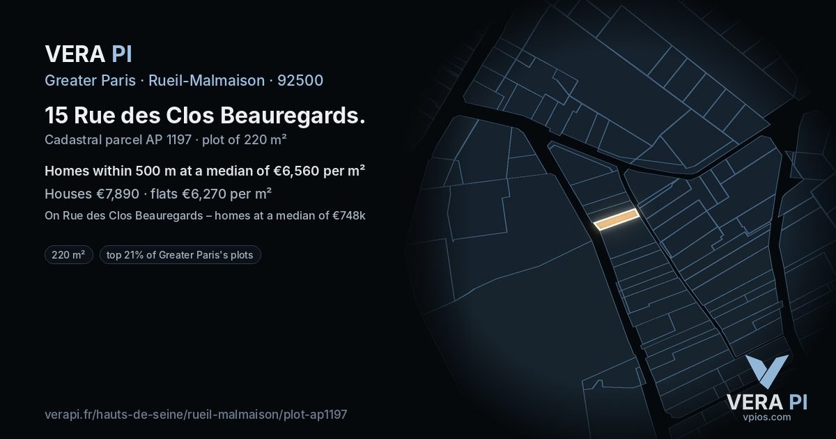 15 Rue des Clos Beauregards, Rueil-Malmaison at night – the plot lit, the parcels around coloured by the prices near them