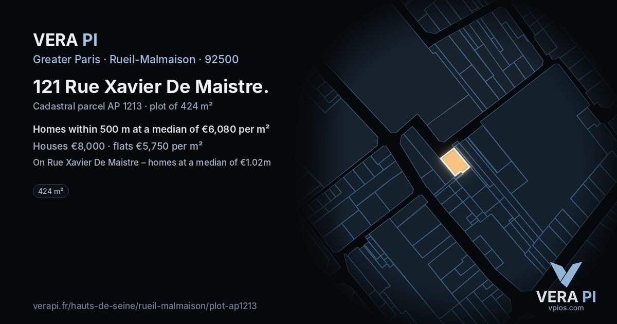 121 Rue Xavier De Maistre, Rueil-Malmaison at night – the plot lit, the parcels around coloured by the prices near them