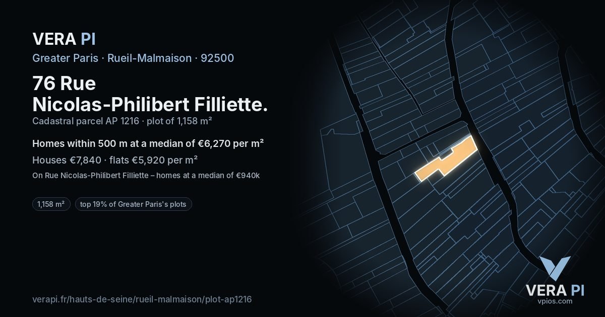 76 Rue Nicolas-Philibert Filliette, Rueil-Malmaison at night – the plot lit, the parcels around coloured by the prices near them