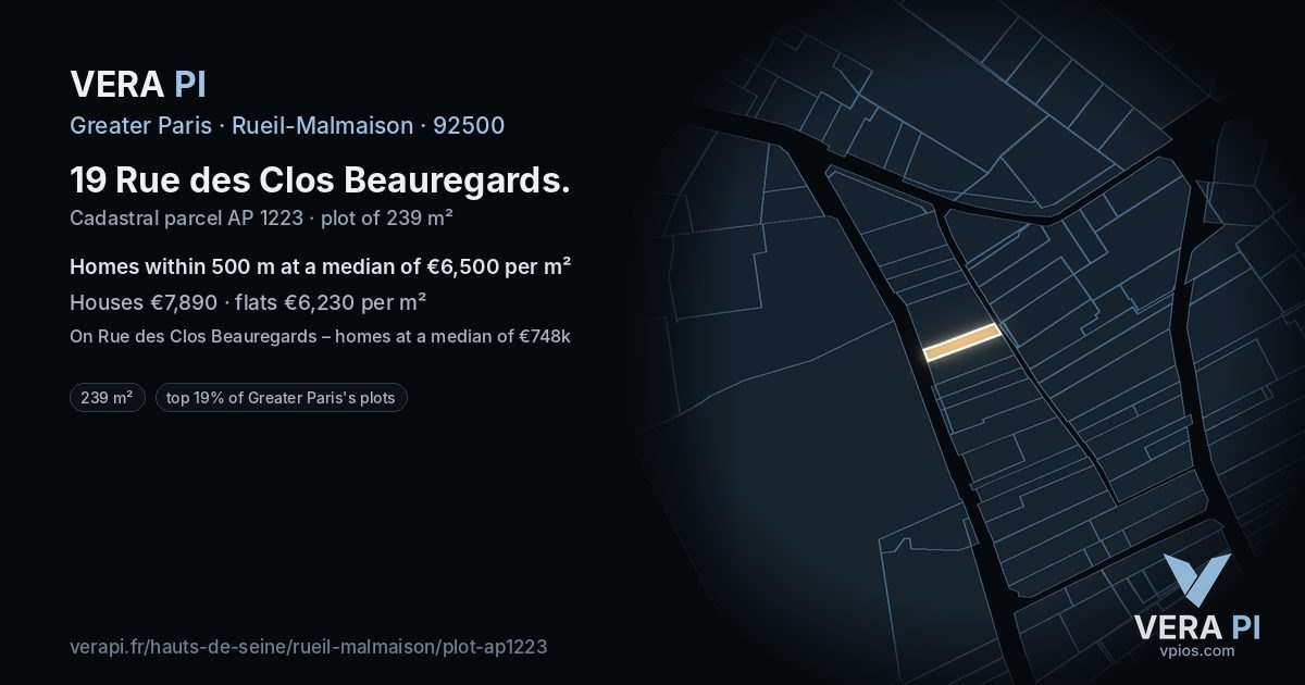 19 Rue des Clos Beauregards, Rueil-Malmaison at night – the plot lit, the parcels around coloured by the prices near them