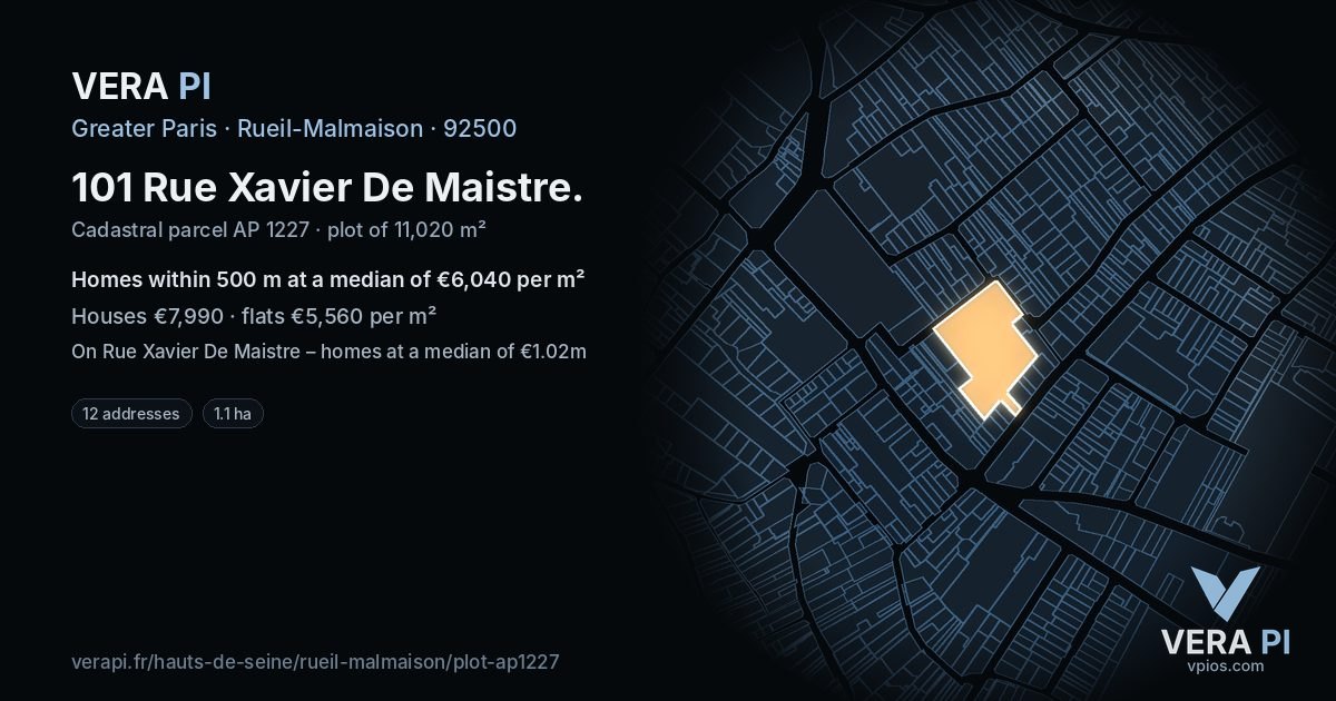 101 Rue Xavier De Maistre, Rueil-Malmaison at night – the plot lit, the parcels around coloured by the prices near them
