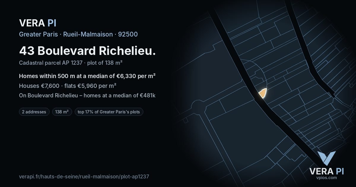 43 Boulevard Richelieu, Rueil-Malmaison at night – the plot lit, the parcels around coloured by the prices near them