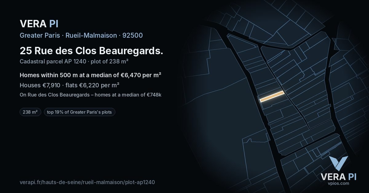 25 Rue des Clos Beauregards, Rueil-Malmaison at night – the plot lit, the parcels around coloured by the prices near them
