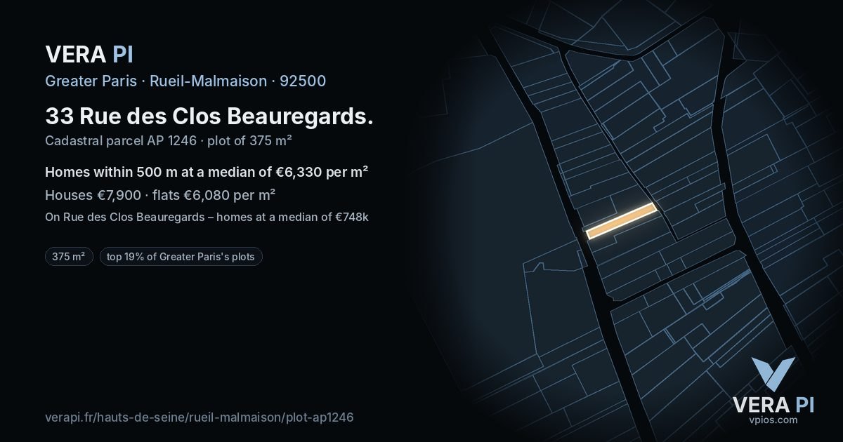 33 Rue des Clos Beauregards, Rueil-Malmaison at night – the plot lit, the parcels around coloured by the prices near them