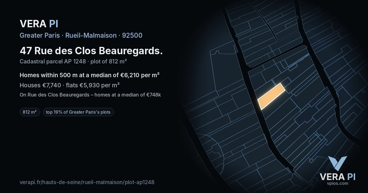 47 Rue des Clos Beauregards, Rueil-Malmaison at night – the plot lit, the parcels around coloured by the prices near them