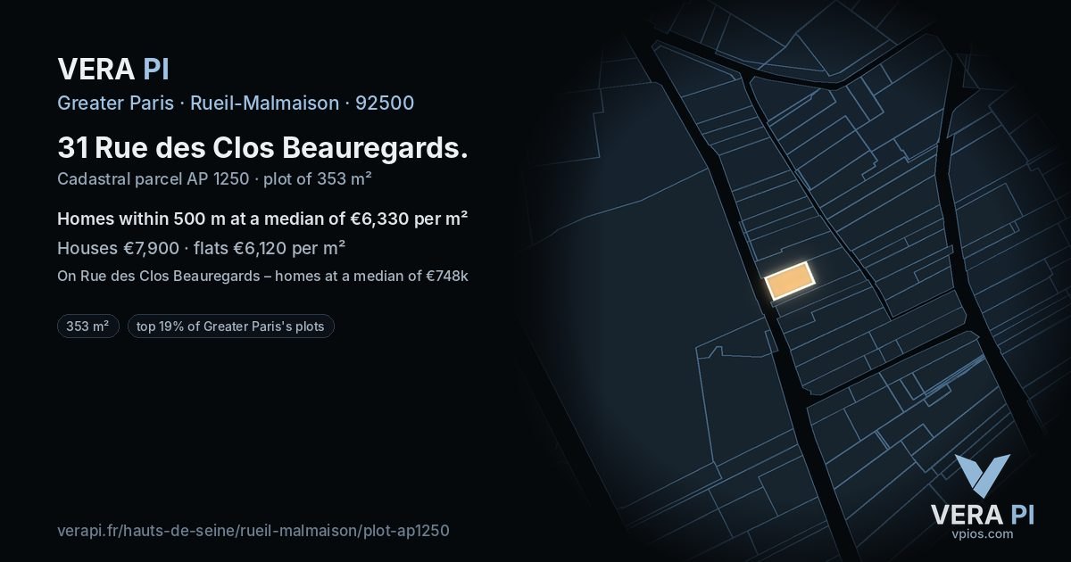 31 Rue des Clos Beauregards, Rueil-Malmaison at night – the plot lit, the parcels around coloured by the prices near them