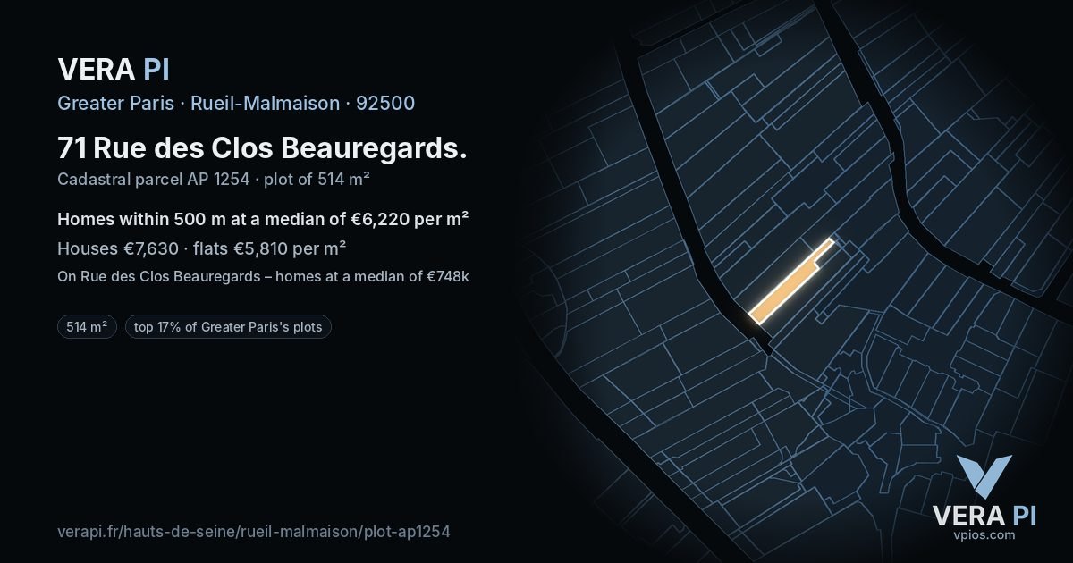 71 Rue des Clos Beauregards, Rueil-Malmaison at night – the plot lit, the parcels around coloured by the prices near them