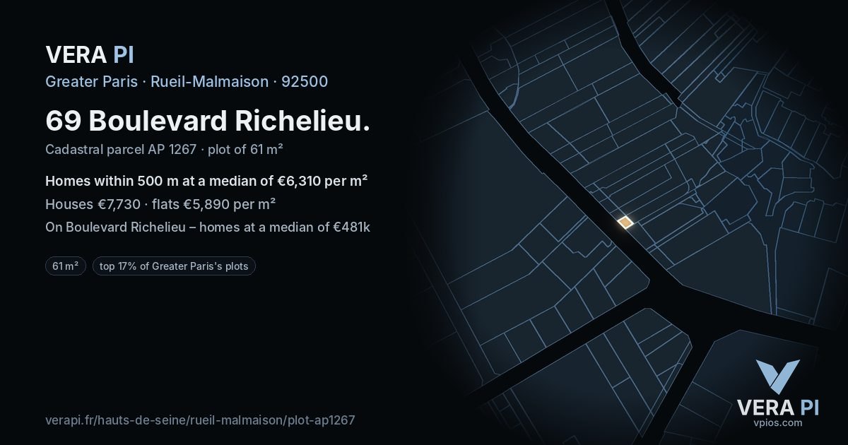 69 Boulevard Richelieu, Rueil-Malmaison at night – the plot lit, the parcels around coloured by the prices near them