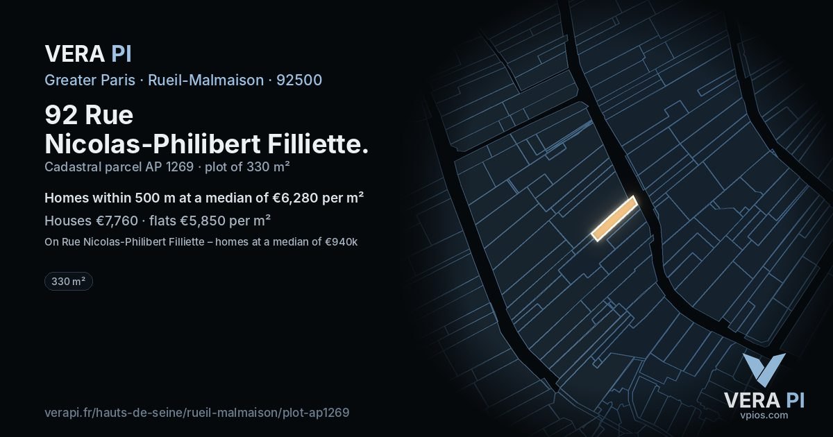 92 Rue Nicolas-Philibert Filliette, Rueil-Malmaison at night – the plot lit, the parcels around coloured by the prices near them