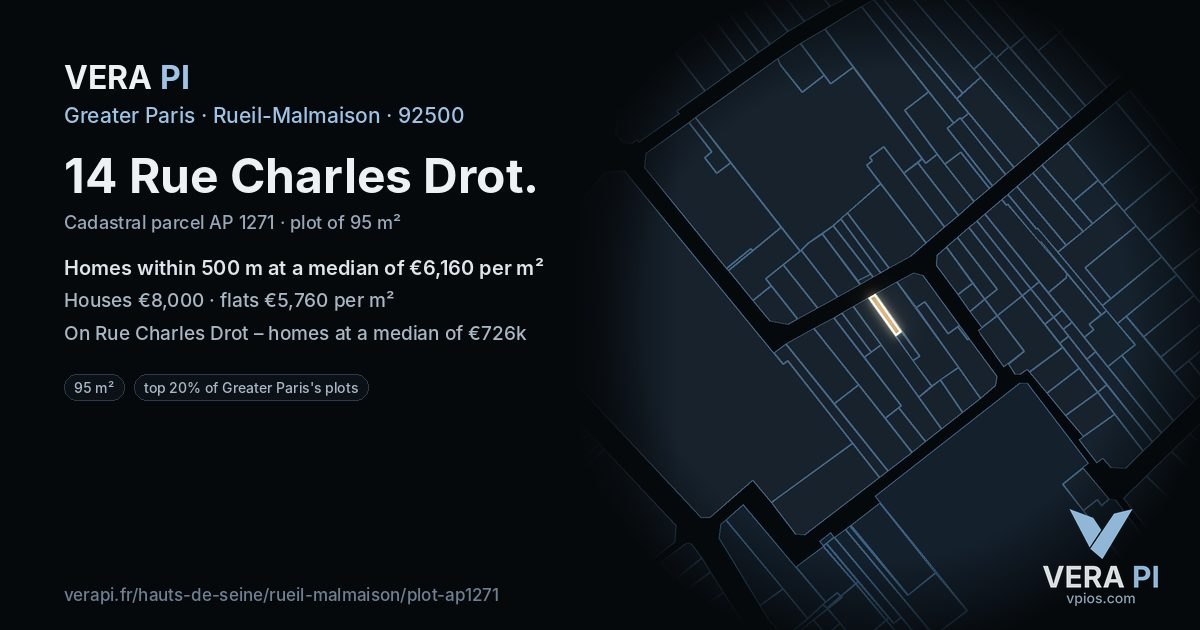 14 Rue Charles Drot, Rueil-Malmaison at night – the plot lit, the parcels around coloured by the prices near them