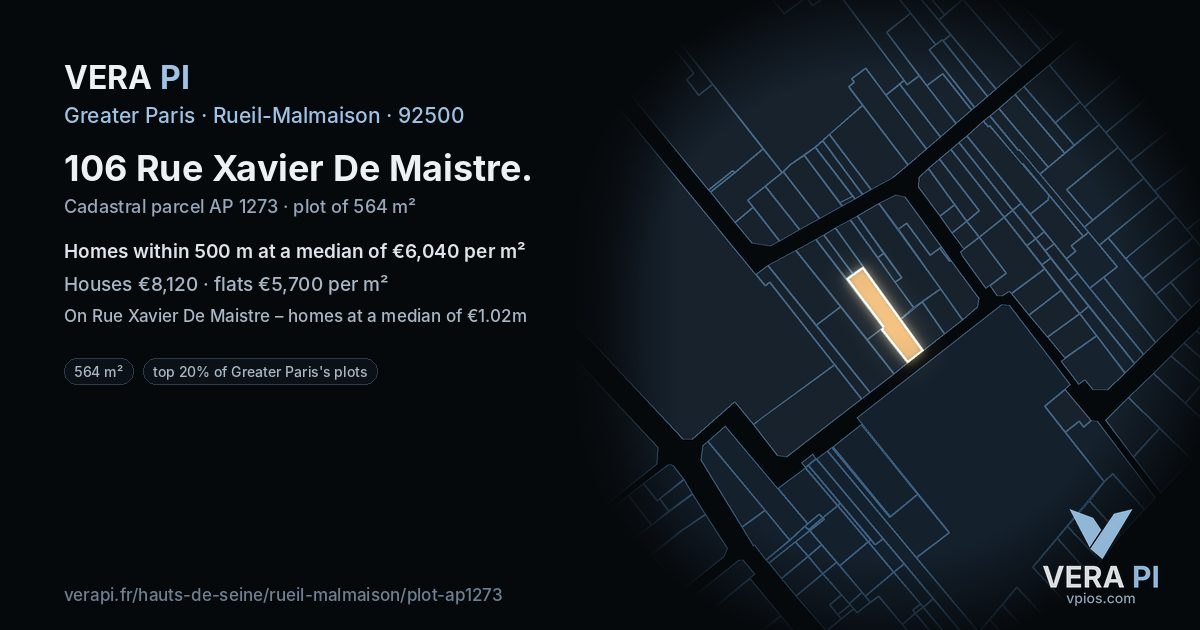106 Rue Xavier De Maistre, Rueil-Malmaison at night – the plot lit, the parcels around coloured by the prices near them