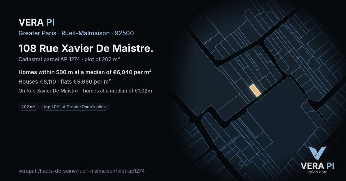 108 Rue Xavier De Maistre, Rueil-Malmaison at night – the plot lit, the parcels around coloured by the prices near them