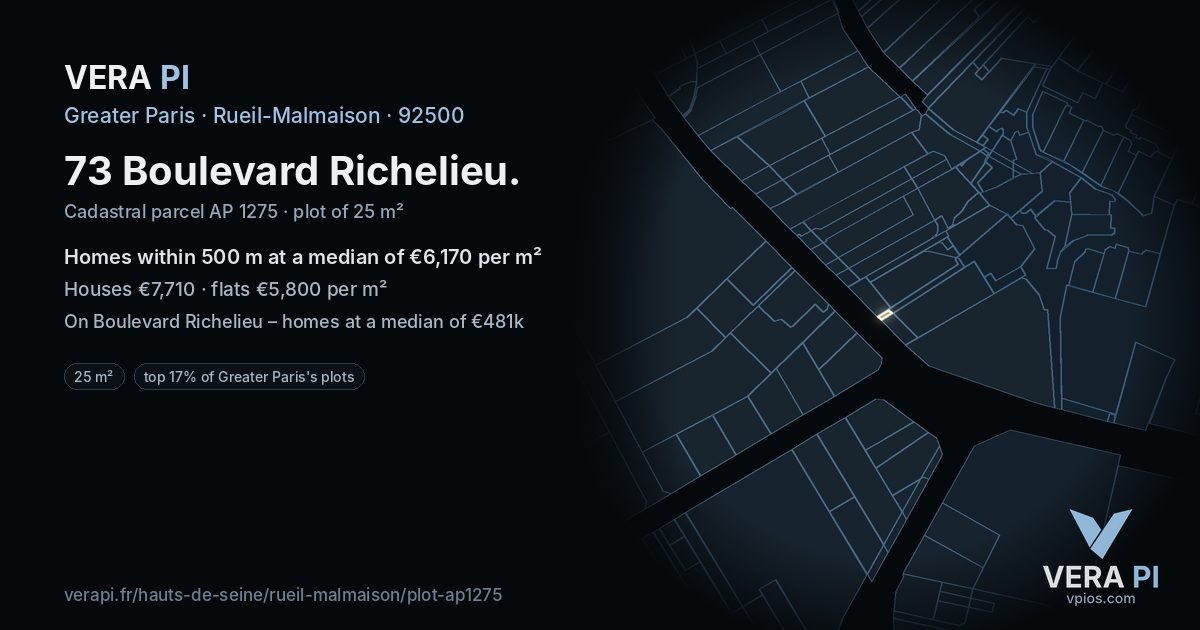 73 Boulevard Richelieu, Rueil-Malmaison at night – the plot lit, the parcels around coloured by the prices near them