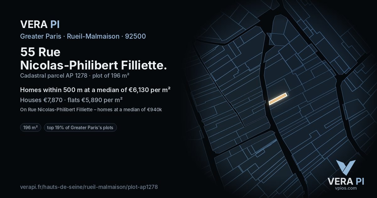 55 Rue Nicolas-Philibert Filliette, Rueil-Malmaison at night – the plot lit, the parcels around coloured by the prices near them