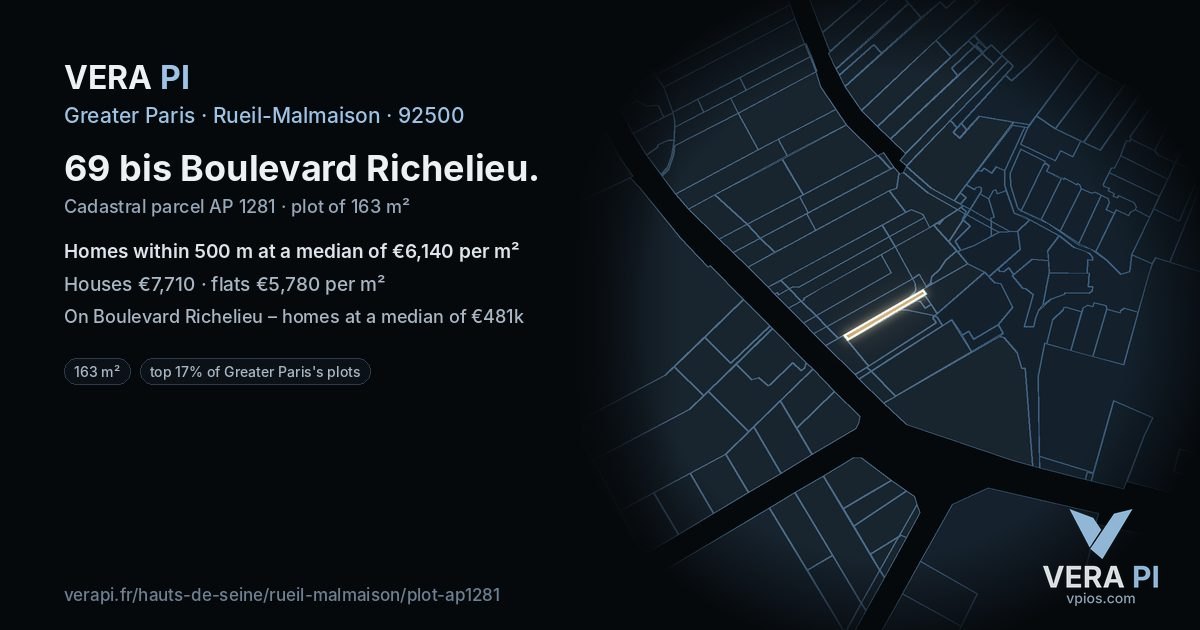 69 bis Boulevard Richelieu, Rueil-Malmaison at night – the plot lit, the parcels around coloured by the prices near them