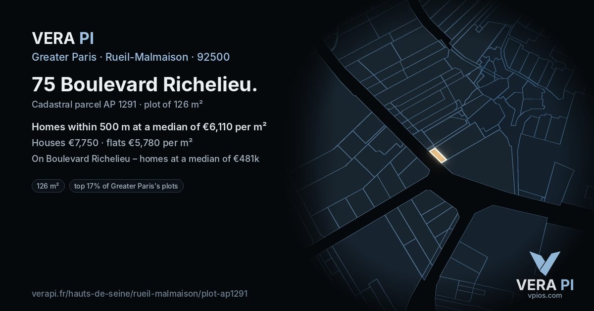 75 Boulevard Richelieu, Rueil-Malmaison at night – the plot lit, the parcels around coloured by the prices near them
