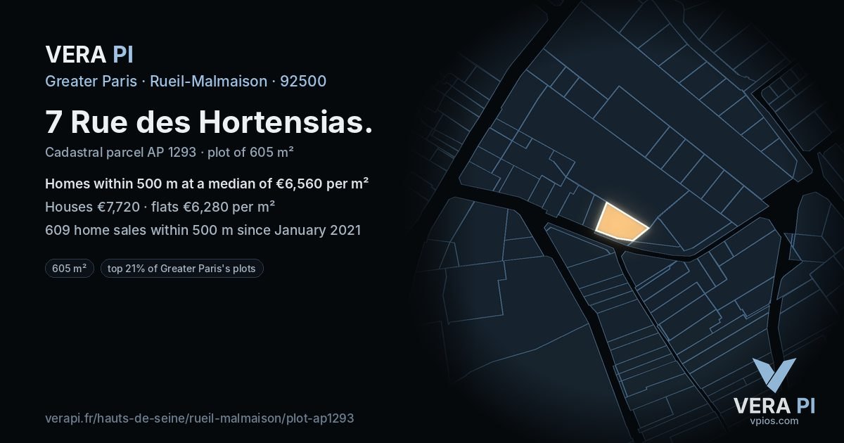 7 Rue des Hortensias, Rueil-Malmaison at night – the plot lit, the parcels around coloured by the prices near them