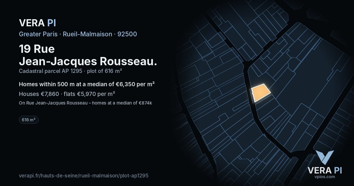 19 Rue Jean-Jacques Rousseau, Rueil-Malmaison at night – the plot lit, the parcels around coloured by the prices near them