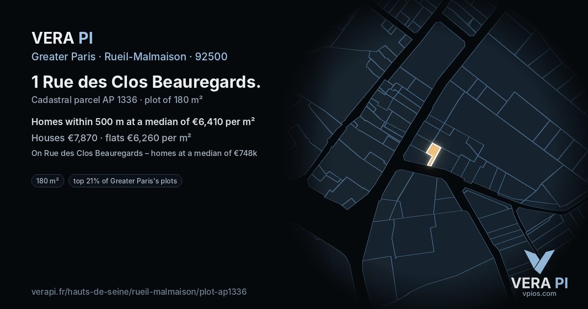 1 Rue des Clos Beauregards, Rueil-Malmaison at night – the plot lit, the parcels around coloured by the prices near them