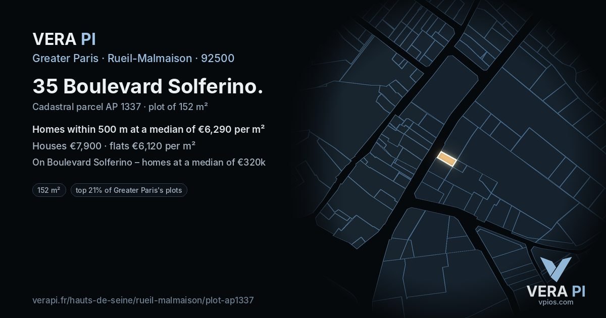 35 Boulevard Solferino, Rueil-Malmaison at night – the plot lit, the parcels around coloured by the prices near them