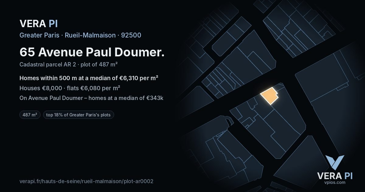65 Avenue Paul Doumer, Rueil-Malmaison at night – the plot lit, the parcels around coloured by the prices near them