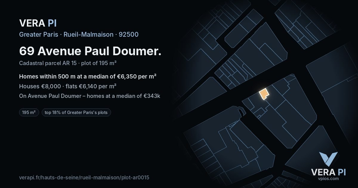 69 Avenue Paul Doumer, Rueil-Malmaison at night – the plot lit, the parcels around coloured by the prices near them