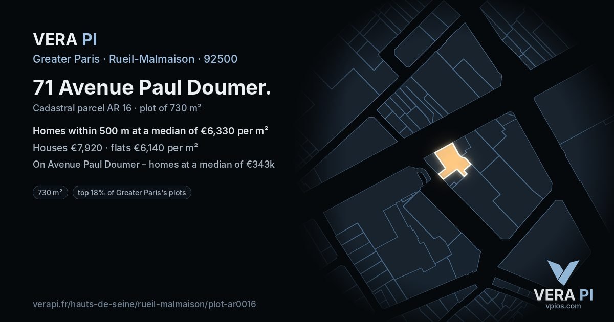 71 Avenue Paul Doumer, Rueil-Malmaison at night – the plot lit, the parcels around coloured by the prices near them
