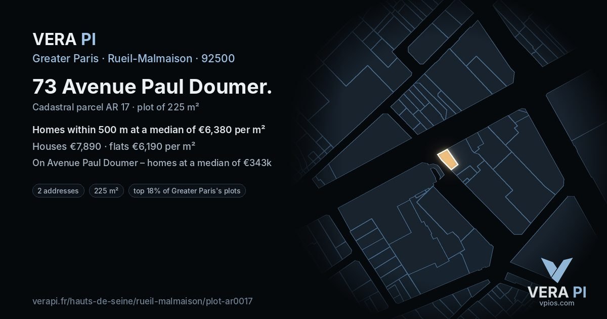 73 Avenue Paul Doumer, Rueil-Malmaison at night – the plot lit, the parcels around coloured by the prices near them