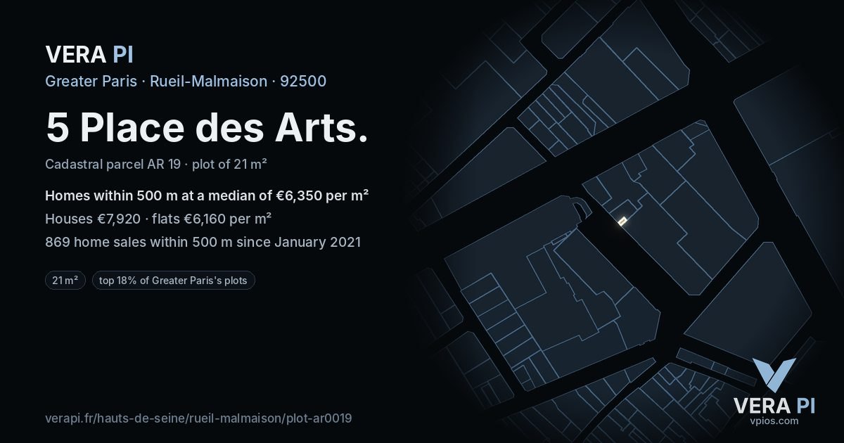 5 Place des Arts, Rueil-Malmaison at night – the plot lit, the parcels around coloured by the prices near them