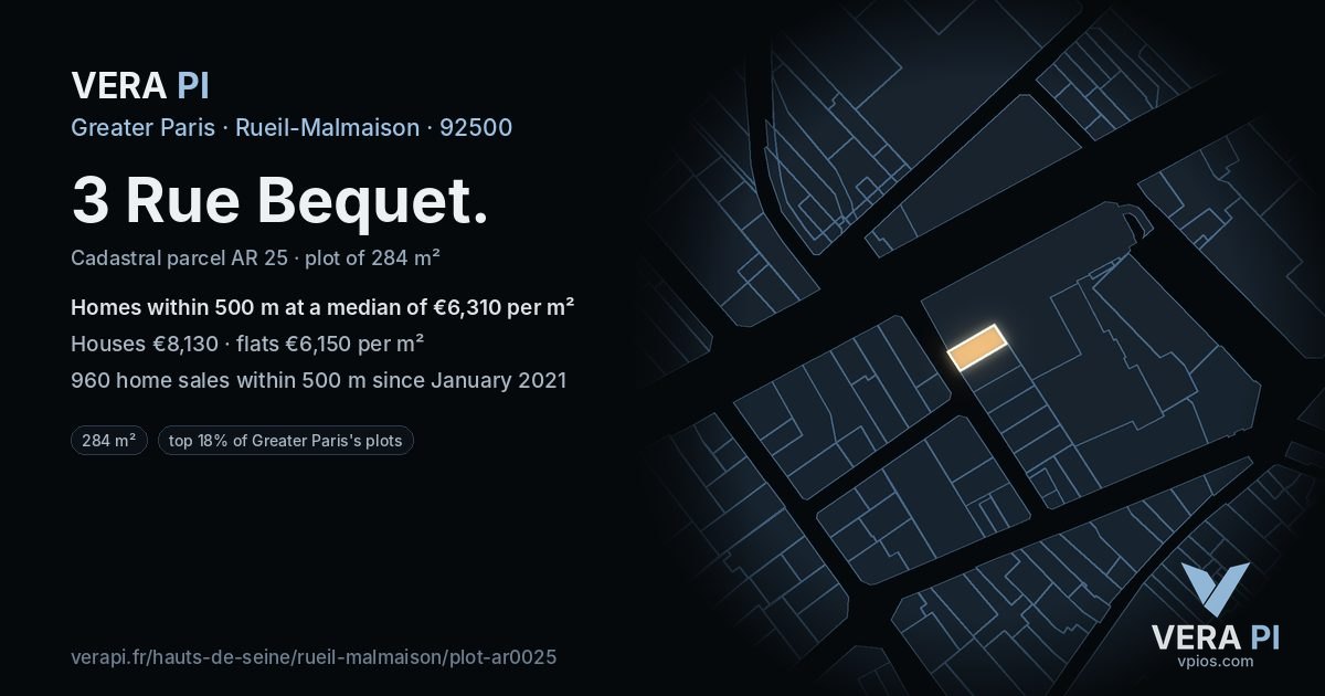 3 Rue Bequet, Rueil-Malmaison at night – the plot lit, the parcels around coloured by the prices near them