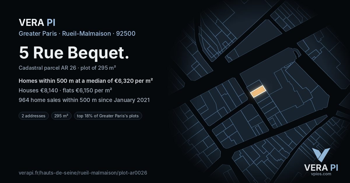5 Rue Bequet, Rueil-Malmaison at night – the plot lit, the parcels around coloured by the prices near them