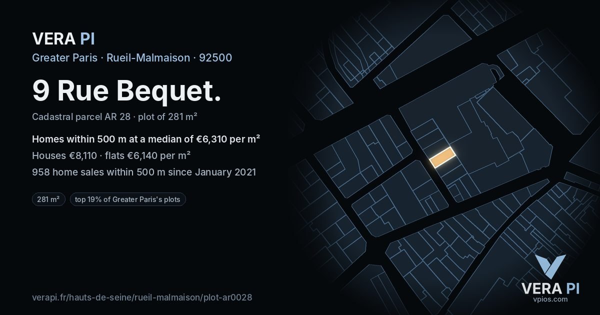 9 Rue Bequet, Rueil-Malmaison at night – the plot lit, the parcels around coloured by the prices near them