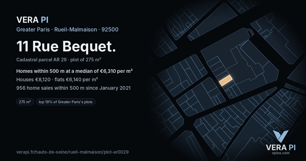 11 Rue Bequet, Rueil-Malmaison at night – the plot lit, the parcels around coloured by the prices near them