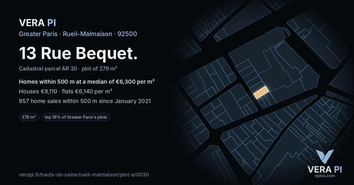 13 Rue Bequet, Rueil-Malmaison at night – the plot lit, the parcels around coloured by the prices near them