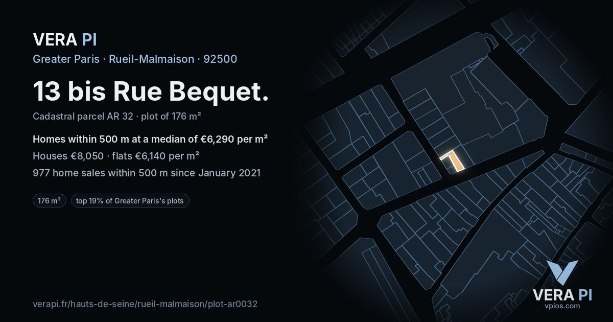 13 bis Rue Bequet, Rueil-Malmaison at night – the plot lit, the parcels around coloured by the prices near them