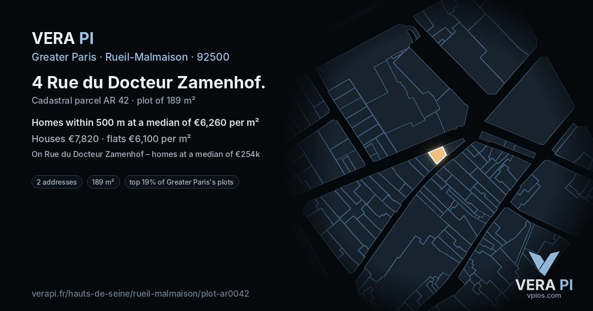 4 Rue du Docteur Zamenhof, Rueil-Malmaison at night – the plot lit, the parcels around coloured by the prices near them