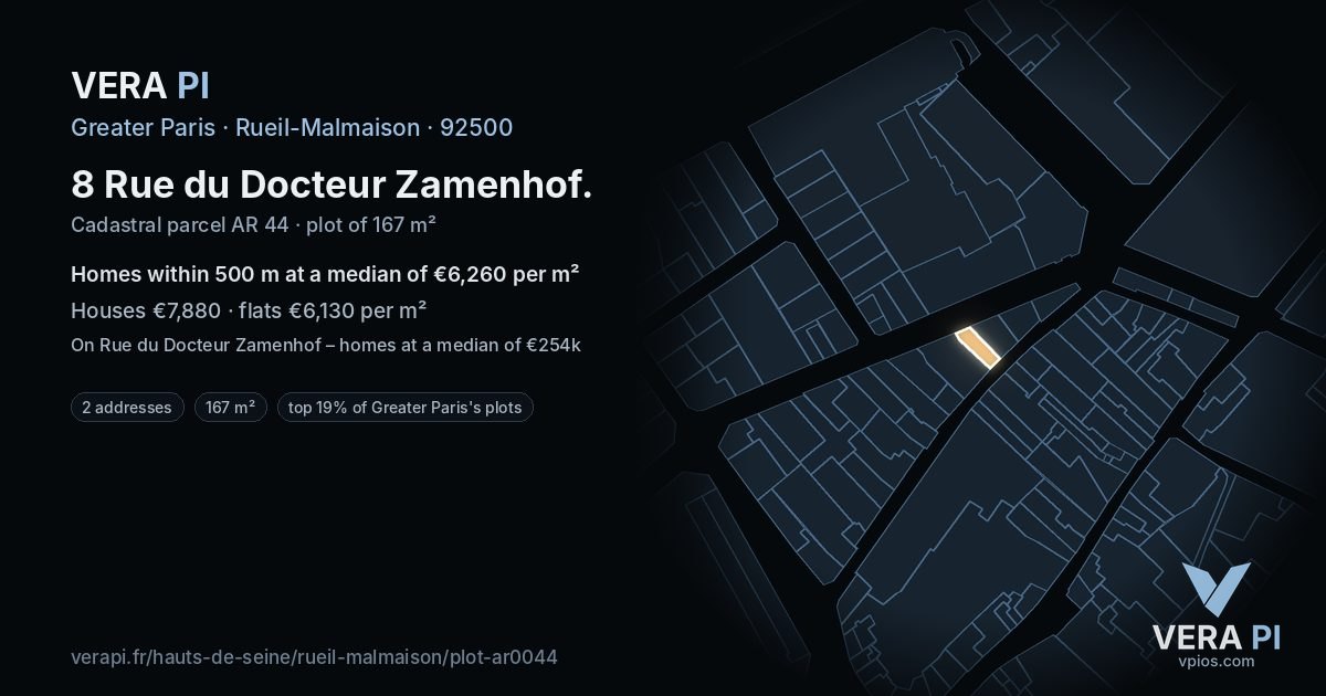 8 Rue du Docteur Zamenhof, Rueil-Malmaison at night – the plot lit, the parcels around coloured by the prices near them
