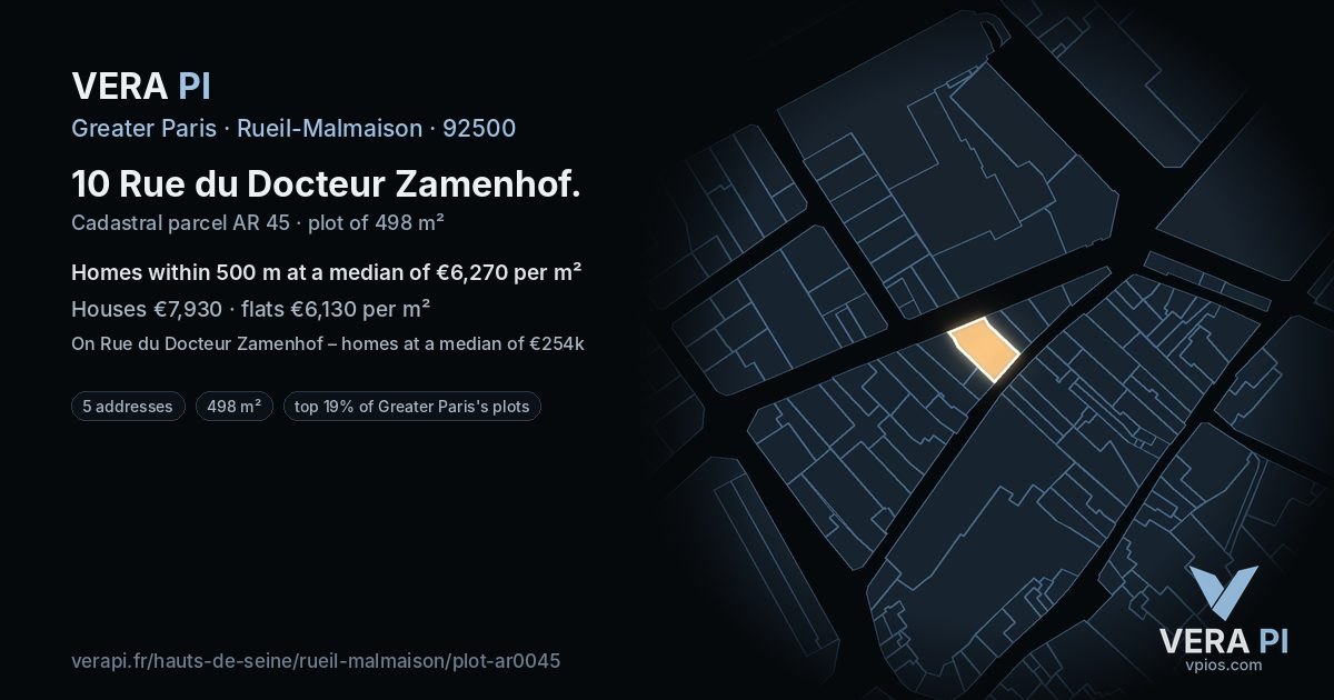 10 Rue du Docteur Zamenhof, Rueil-Malmaison at night – the plot lit, the parcels around coloured by the prices near them