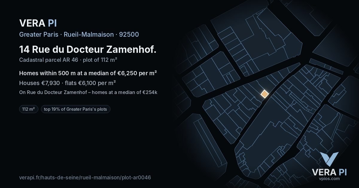 14 Rue du Docteur Zamenhof, Rueil-Malmaison at night – the plot lit, the parcels around coloured by the prices near them