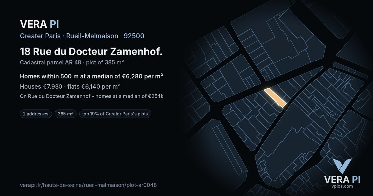 18 Rue du Docteur Zamenhof, Rueil-Malmaison at night – the plot lit, the parcels around coloured by the prices near them