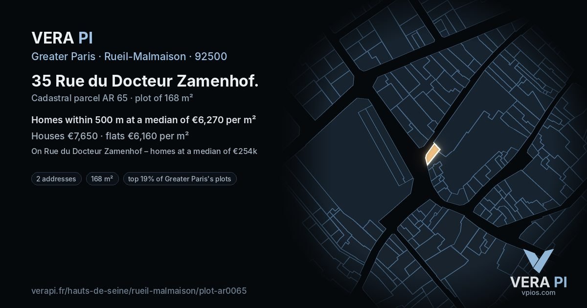 35 Rue du Docteur Zamenhof, Rueil-Malmaison at night – the plot lit, the parcels around coloured by the prices near them