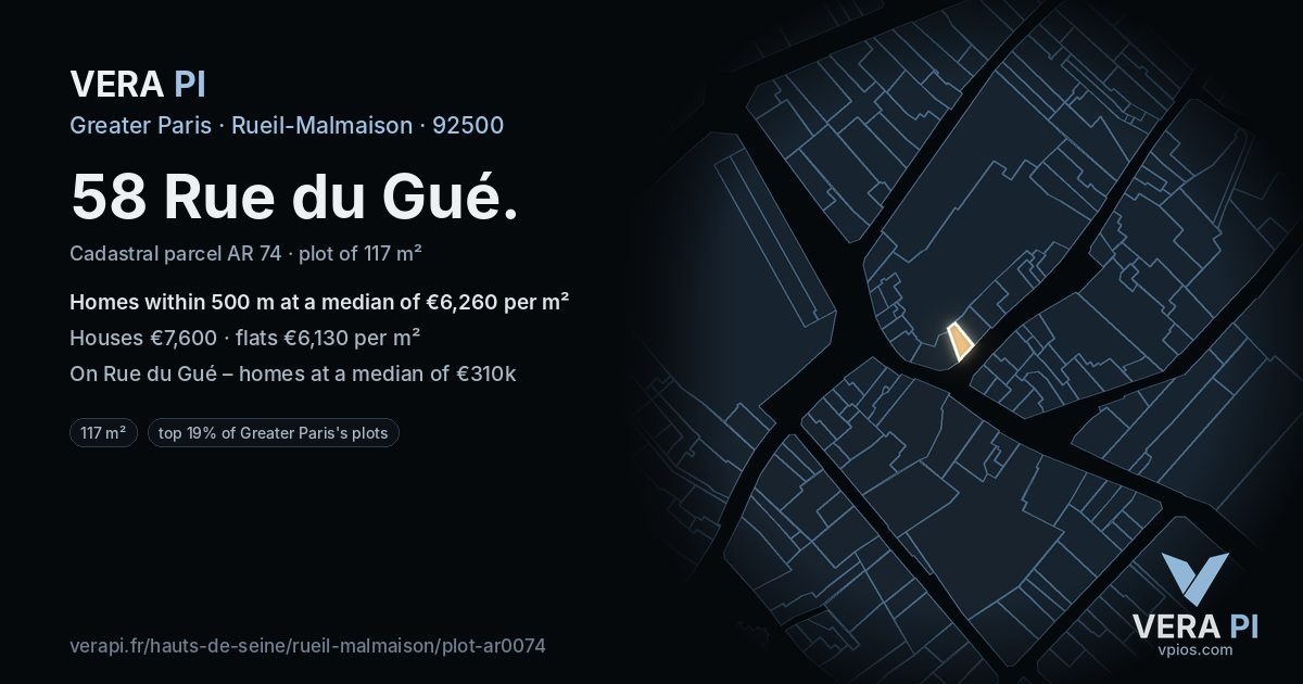 58 Rue du Gué, Rueil-Malmaison at night – the plot lit, the parcels around coloured by the prices near them