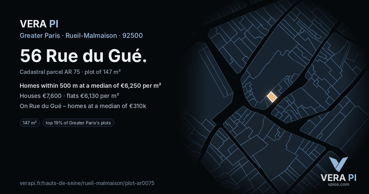 56 Rue du Gué, Rueil-Malmaison at night – the plot lit, the parcels around coloured by the prices near them