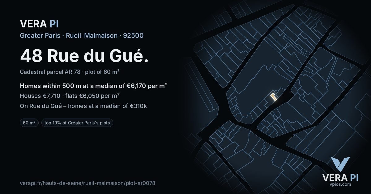 48 Rue du Gué, Rueil-Malmaison at night – the plot lit, the parcels around coloured by the prices near them