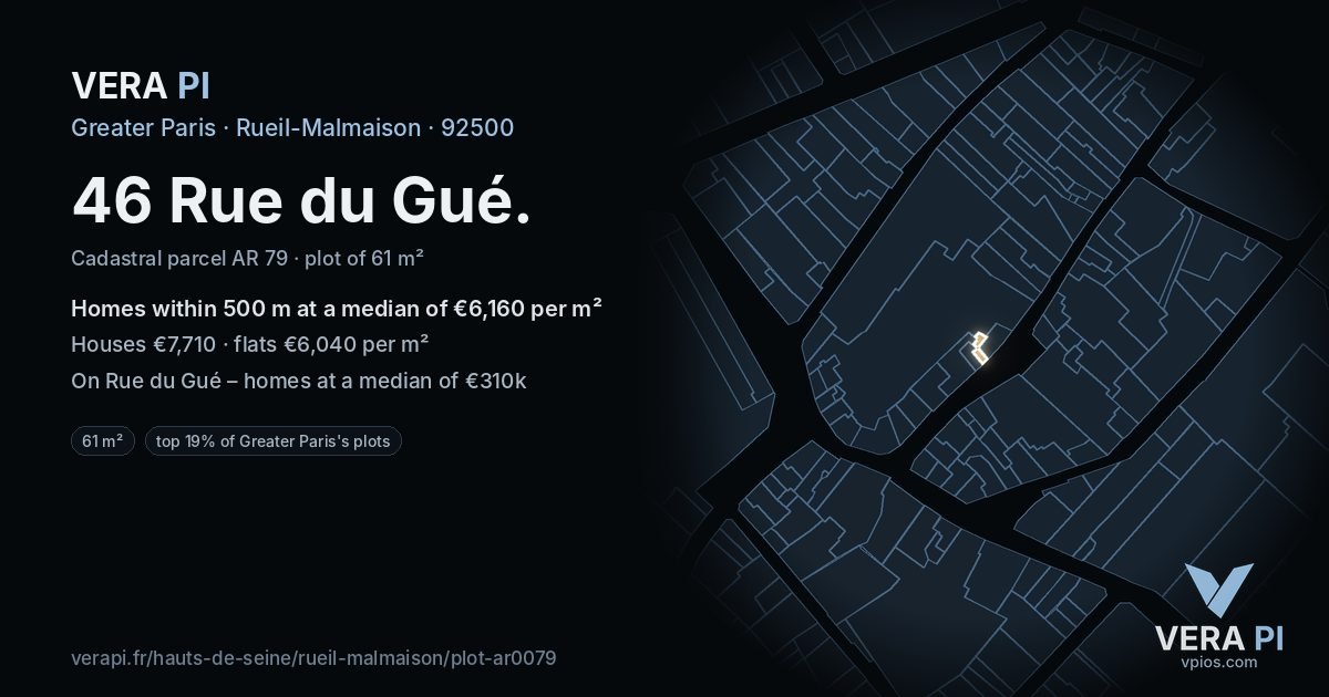 46 Rue du Gué, Rueil-Malmaison at night – the plot lit, the parcels around coloured by the prices near them