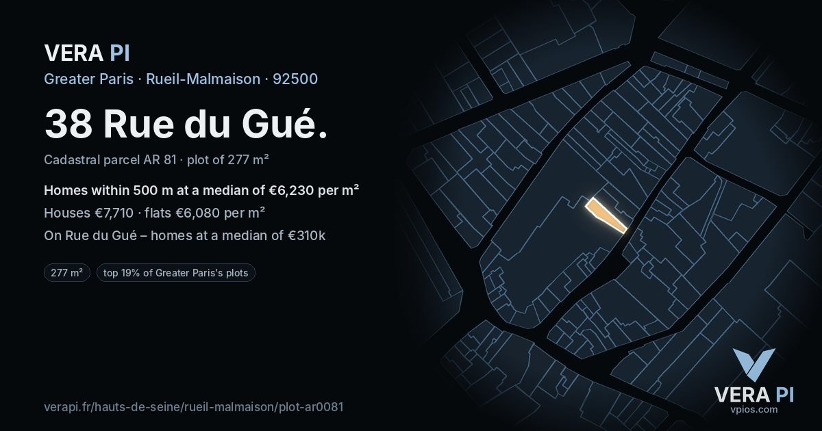 38 Rue du Gué, Rueil-Malmaison at night – the plot lit, the parcels around coloured by the prices near them