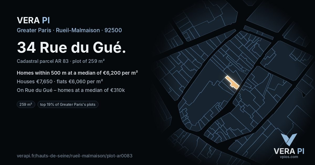 34 Rue du Gué, Rueil-Malmaison at night – the plot lit, the parcels around coloured by the prices near them