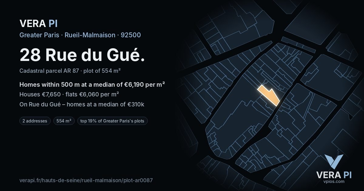 28 Rue du Gué, Rueil-Malmaison at night – the plot lit, the parcels around coloured by the prices near them