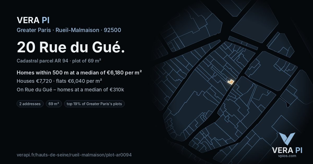 20 Rue du Gué, Rueil-Malmaison at night – the plot lit, the parcels around coloured by the prices near them